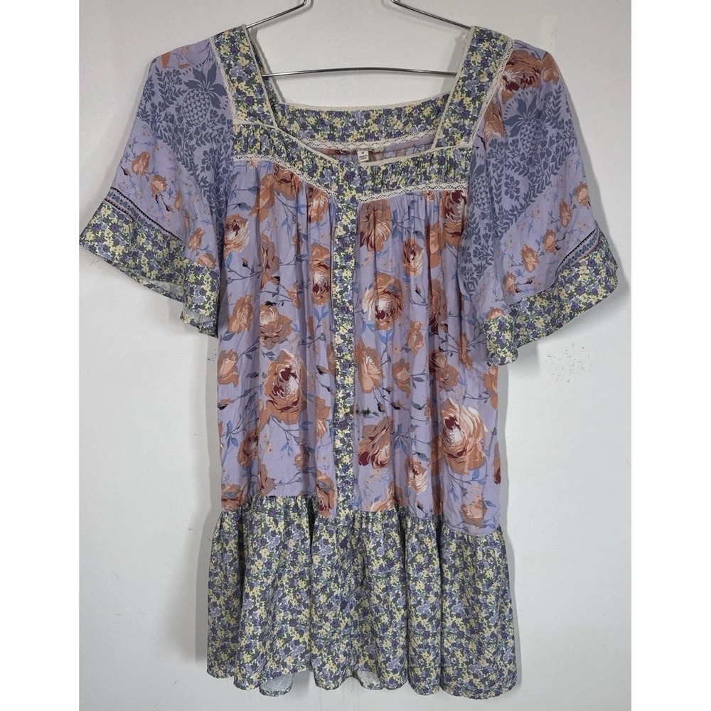 Umgee Romantic Boho Button Front Patchwork Mini Dress Square Neck Sz M Festival
